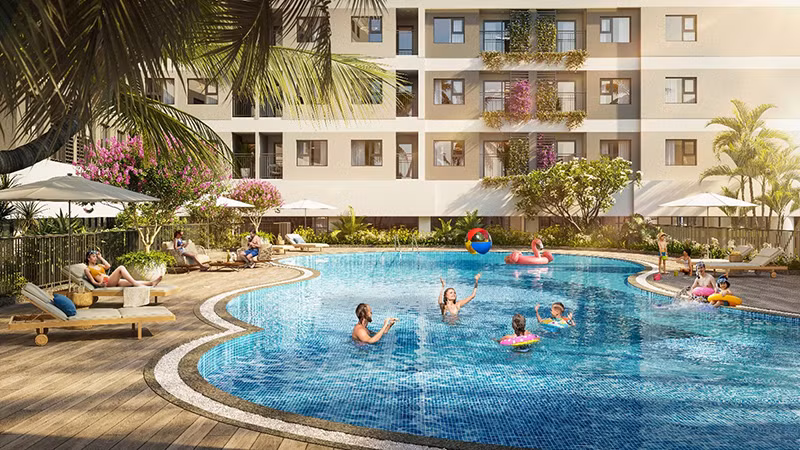 Dự án còn ghi điểm nhờ pháp lý sạch, tích hợp hơn 30 tiện ích khép kín. Ảnh: Phối cảnh hồ bơi tại Legacy Prime.