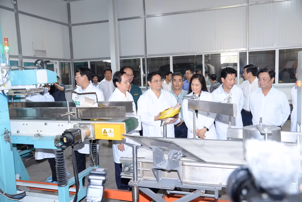 Thủ tướng Phạm Minh Chính nghe giới thiệu về sản phẩm gạo tại dây chuyền đóng gói gạo của VINARICE.