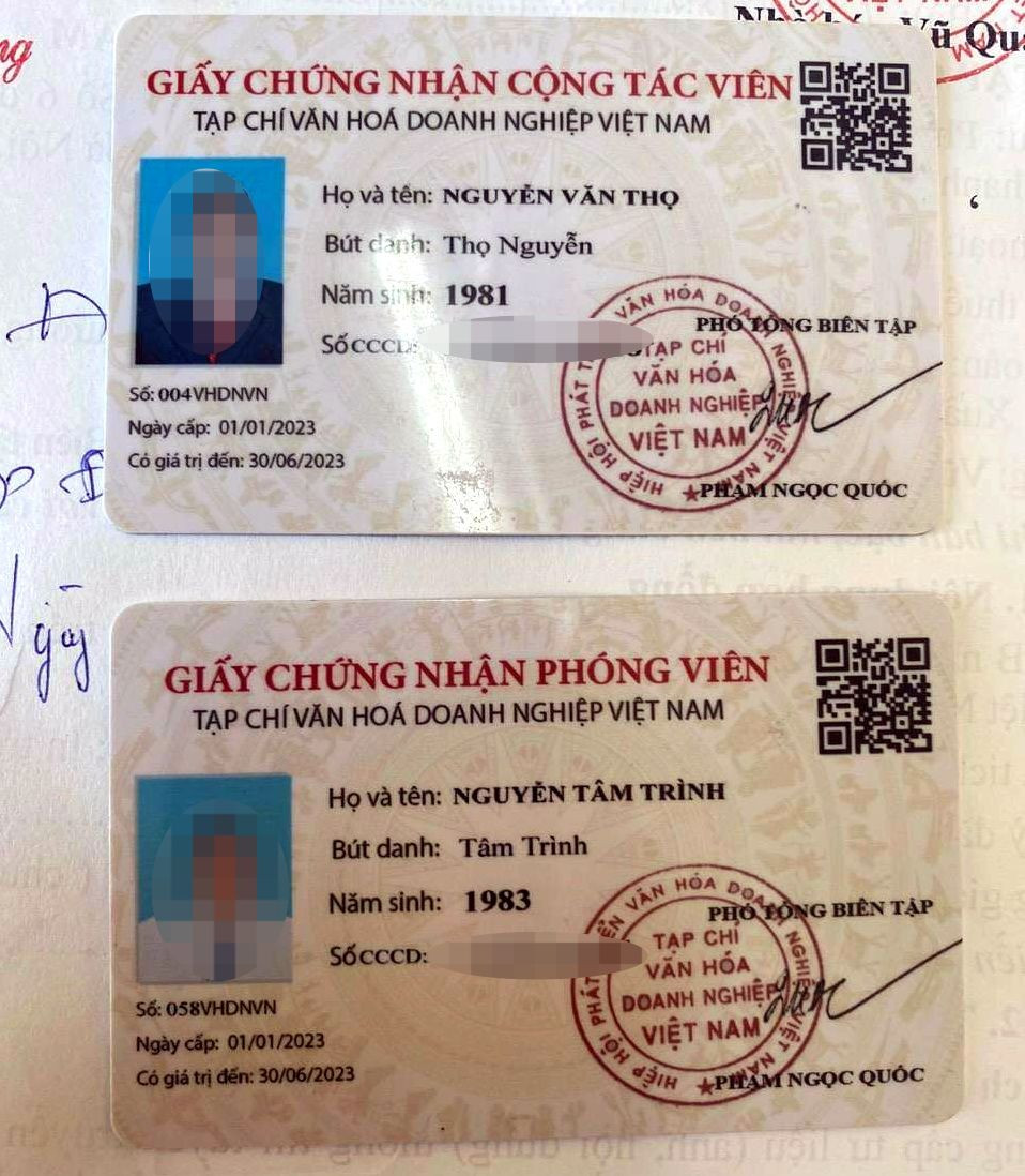 Giấy chứng nhận phóng viên và cộng tác viên Tạp chí Văn hóa doanh nghiệp Việt Nam của 2 nghi can.