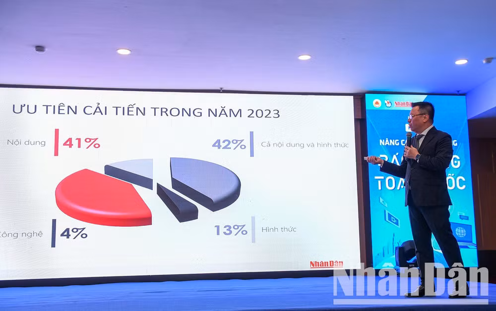 Đồng chí Lê Quốc Minh - Ủy viên Trung ương Đảng, Tổng Biên tập Báo Nhân Dân, Phó Trưởng Ban Tuyên giáo Trung ương, Chủ tịch Hội Nhà báo Việt Nam trình bày Báo cáo tổng quan tình hình chung về hệ thống báo Đảng cả nước.