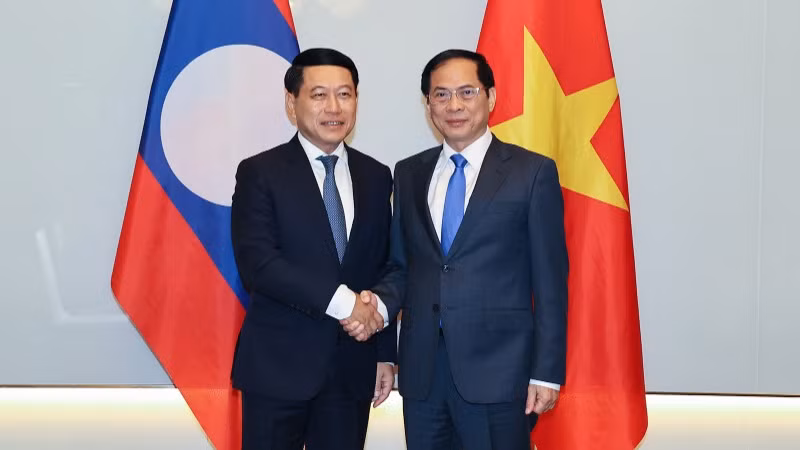 Phó Thủ tướng Chính phủ Bùi Thanh Sơn làm việc với Phó Thủ tướng Lào Saleumxay Kommasith. (Ảnh: Cổng Thông tin điện tử Chính phủ) 