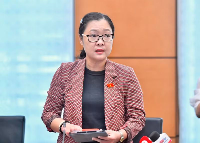 Đại biểu Nguyễn Thị Quyên Thanh (Vĩnh Long) phát biểu tại buổi họp tổ. (Ảnh: ĐĂNG KHOA)