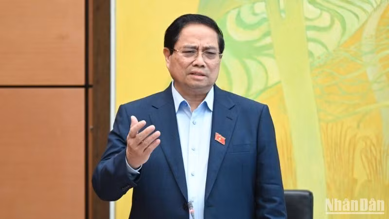 Thủ tướng Phạm Minh Chính phát biểu tại phiên họp tổ của Quốc hội, sáng 23/5/2025. (Ảnh: BÙI GIANG) 