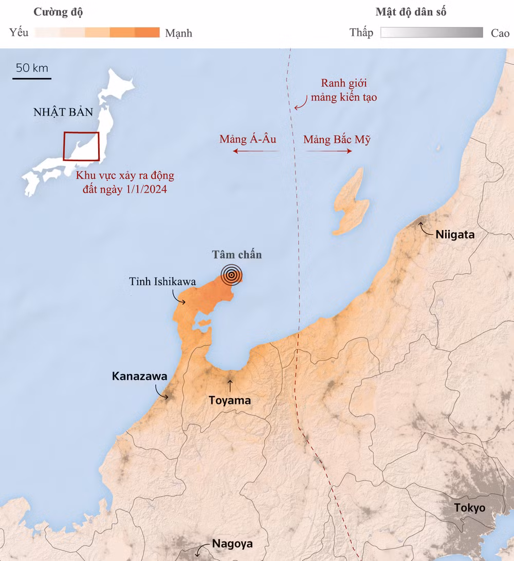 Bản đồ thể hiện cường độ rung lắc mặt đất do trận động đất ngày 1/1/2024 gây ra. (Nguồn: Cơ quan Khảo sát địa chất Hoa Kỳ, Shuttle Radar Topography (NASA), Natural Earth, Dự án WorldPop (Đại học Southampton), Reuters)
