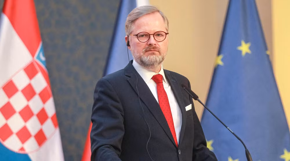 Thủ tướng Séc Petr Fiala tại cuộc họp báo ở Prague. (Ảnh: AFP/TTXVN)