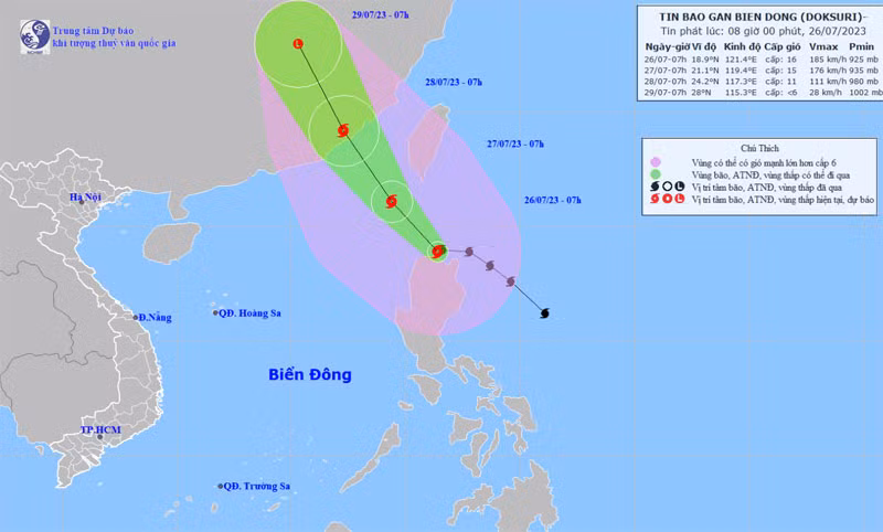 Vị trí và hướng di chuyển của bão Doksuri. (Nguồn: nchmf.gov.vn)