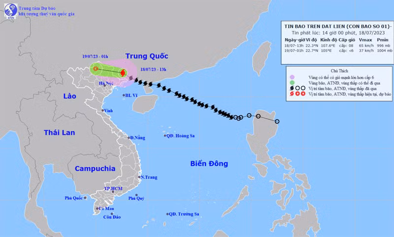 Vị trí và hướng di chuyển của bão số 1. (Nguồn: nchmf.gov.vn)