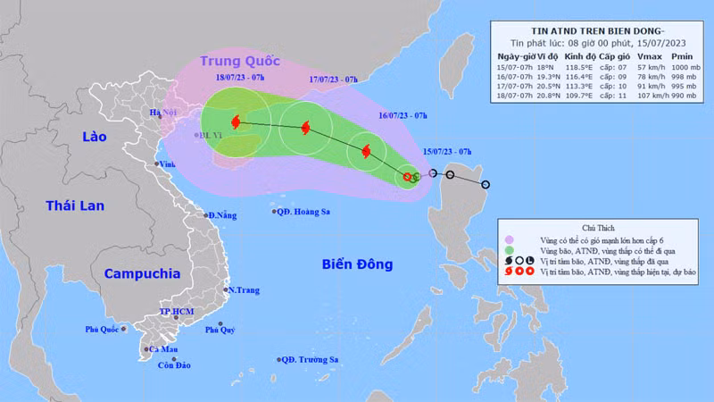 Vị trí và hướng di chuyển của áp thấp nhiệt đới. (Nguồn: nchmf.gov.vn)