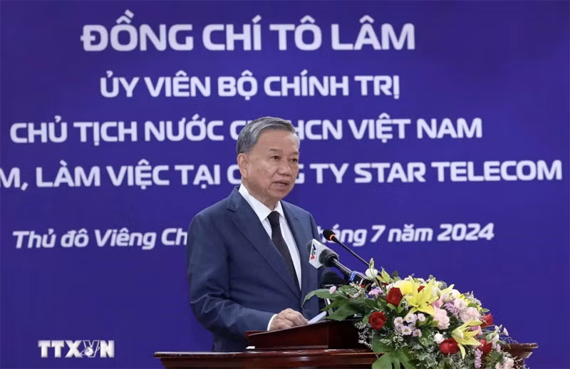 Chủ tịch nước Tô Lâm phát biểu tại buổi đến thăm Công ty viễn thông Star Telecom. (Ảnh: TTXVN)