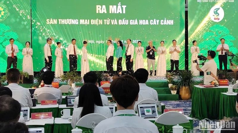 Các đại biểu bấm nút khai trương sàn thương mại điện tử và đấu giá hoa, cây cảnh.