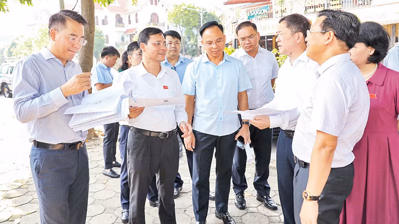 Đoàn khảo sát của Thường trực HĐND thành phố Hà Nội khảo sát thực tế khu vực xây dựng trường học tại địa bàn quận Hoàng Mai. (Ảnh GIA HUY)