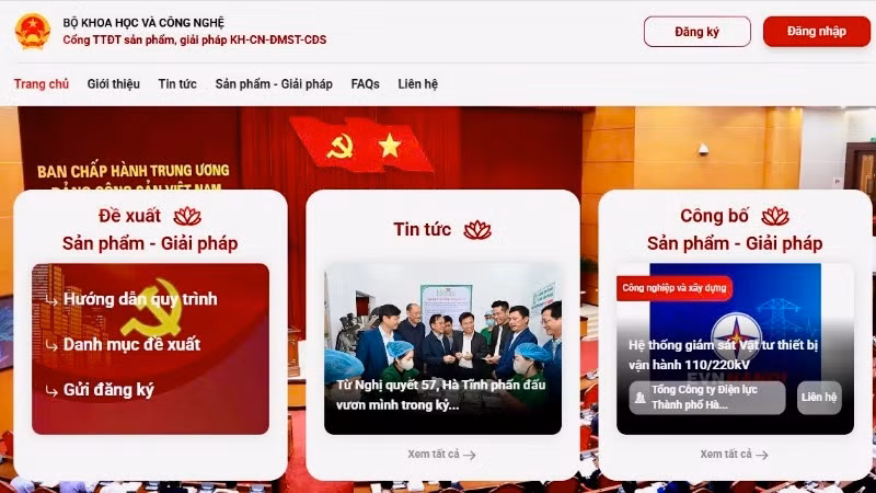 Giao diện Cổng thông tin tiếp nhận và công bố các sản phẩm, giải pháp khoa học, công nghệ, đổi mới sáng tạo và chuyển đổi số. (Ảnh: TL)