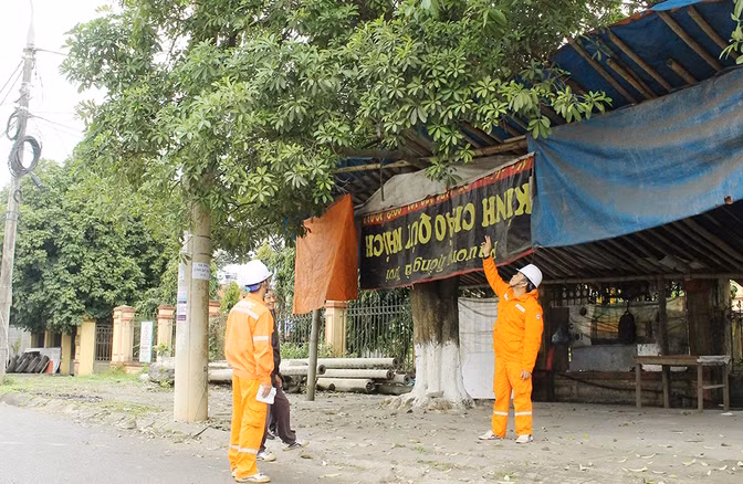 Cán bộ Công ty Điện lực Bắc Kạn tuyên truyền, hướng dẫn người dân huyện Chợ Mới phòng, tránh nguy hiểm từ lưới điện đi qua những cây to. 