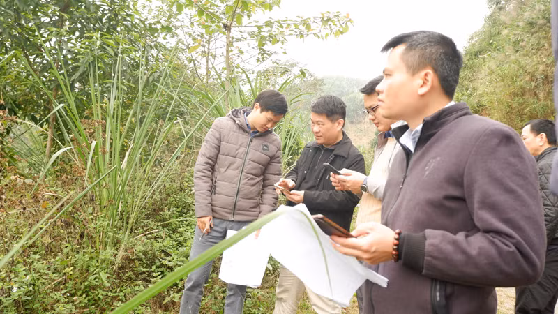 Các đơn vị rà soát thực địa để bố trí các vị trí đổ đất, đá thừa trong thi công phục vụ dự án. Ảnh: PHƯƠNG THẢO.