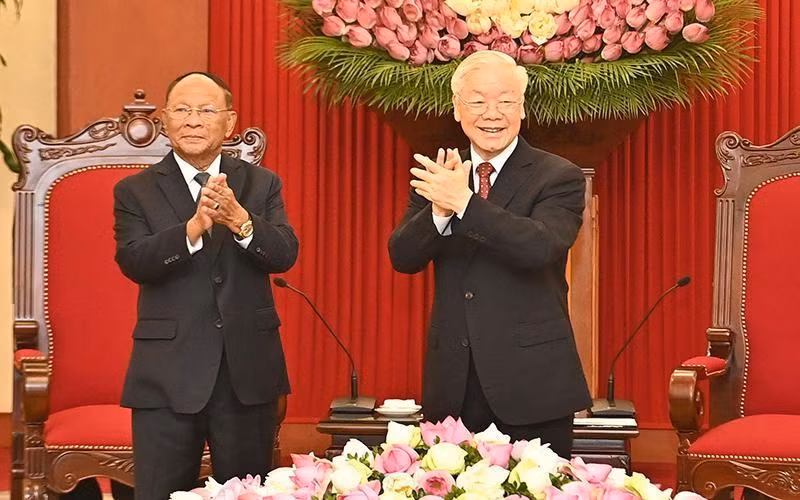 Tổng Bí thư Nguyễn Phú Trọng tiếp Chủ tịch Quốc hội Vương quốc Campuchia Samdech Heng Samrin thăm chính thức Việt Nam. (Ảnh Đăng Khoa)