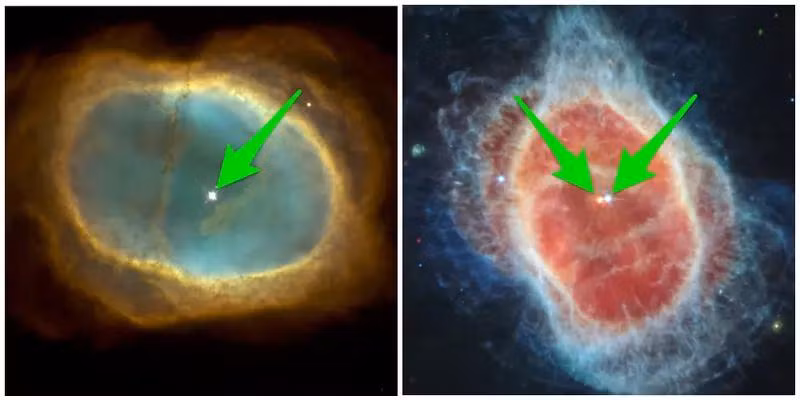 Hình ảnh của Hubble (trái) về tinh vân Southern Ring chỉ có một đốm sáng ở giữa, trong khi hình ảnh của James Webb (phải) cho thấy rõ hai ngôi sao. (Ảnh: NASA)