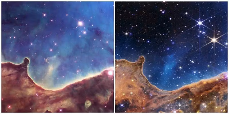 Một góc tinh vân Carina do Hubble (trái) và James Webb (phải) ghi lại. (Ảnh: NASA)