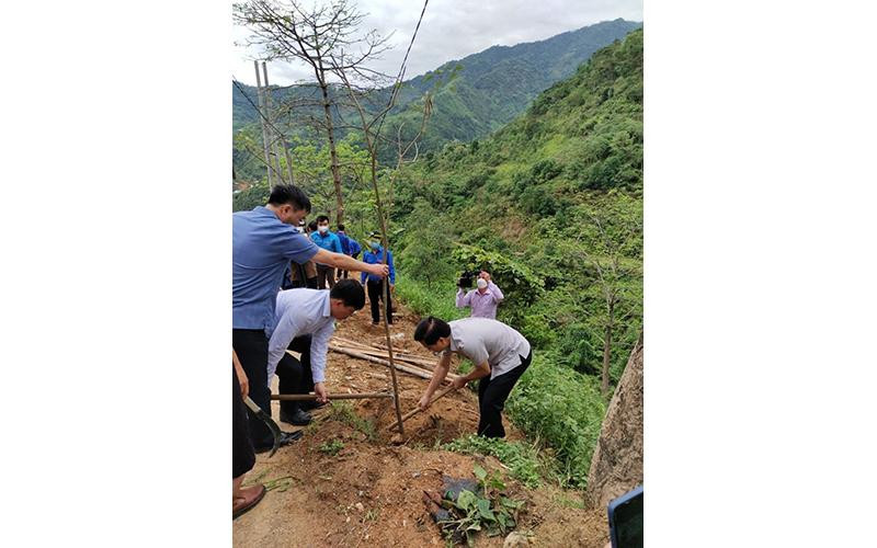 Ông Trần Quang Minh, Ủy viên Ban Thường vụ Tỉnh ủy, Chủ nhiệm Ủy ban Kiểm tra Tỉnh ủy Hà Giang (bên phải) và ông Trần Việt Hà, Phó Chủ tịch UBND quận Cầu Giấy, Hà Nội (áo trắng, bên trái) tham gia trồng cây tại Đền thờ ở điểm cao 468. Khắc khoải Vị Xuyên… -0