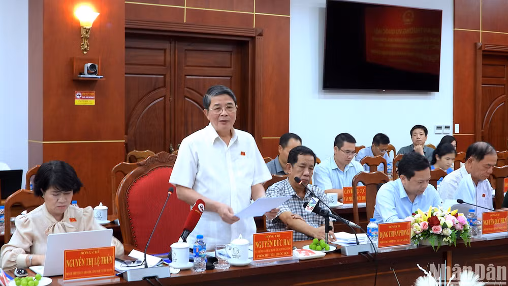 Phó Chủ tịch Quốc hội Nguyễn Đức Hải (đứng) phát biểu kết luận tại buổi làm việc với tỉnh Cà Mau về chuyên đề phát triển năng lượng vào chiều 7/8.