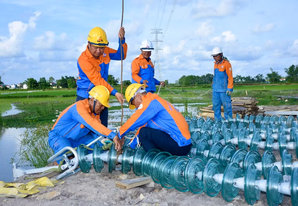 Chuẩn bị sứ cách điện để lắp đặt trên đường dây. (Ảnh:Trần Hải)