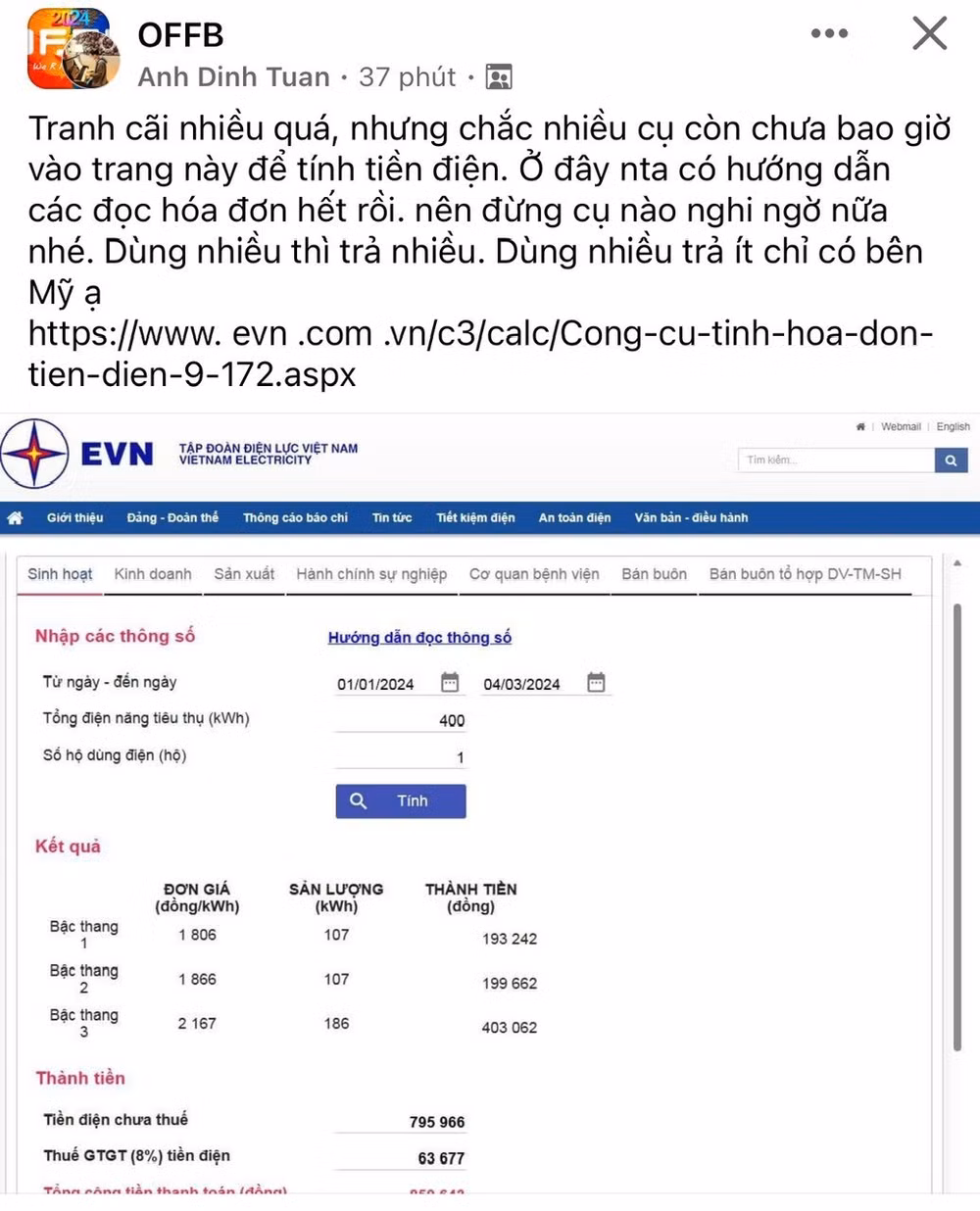 Ý kiến của khách hàng tên Facebook "Anh Dinh Tuan" khi nhận hóa đơn tiền điện. (Ảnh chụp màn hình)
