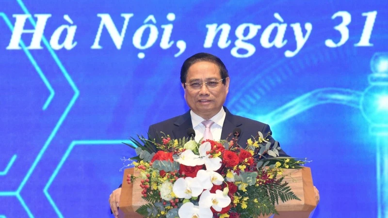 Thủ tướng Chính phủ Phạm Minh Chính phát biểu ý kiến tại Lễ khai trương Cổng Pháp luật quốc gia. (Ảnh: TRẦN HẢI)
