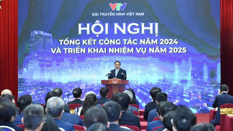 Thủ tướng Phạm Minh Chính dự và chỉ đạo Hội nghị tổng kết công tác năm 2024 và triển khai nhiệm vụ năm 2025 của Đài Truyền hình Việt Nam. (Ảnh: TRẦN HẢI)
