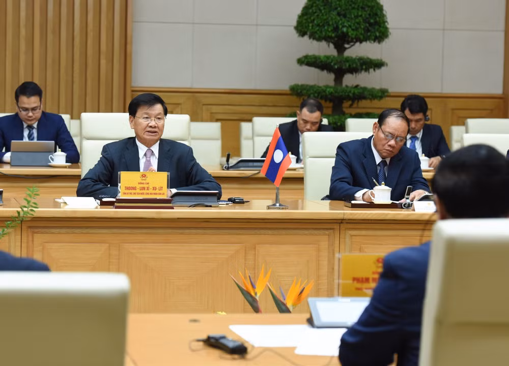 Tổng Bí thư, Chủ tịch nước Lào Thongloun Sisoulith phát biểu ý kiến. (Ảnh:TRẦN HẢI)