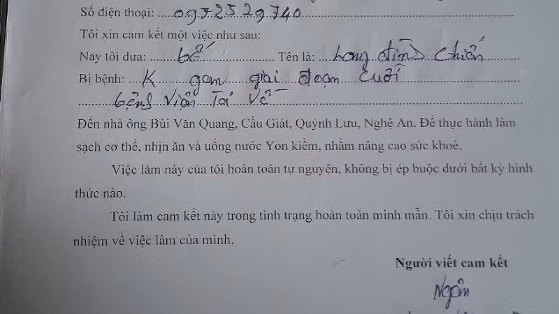 Các bệnh nhân đến đây điều trị đều phải viết một bản cam kết với nội dung tự nguyện.