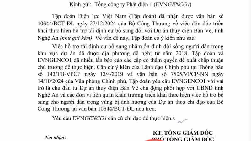 Công văn số 541/EVN-QLXD ngày 22/1/2025 của EVN gửi EVNGENCO1.