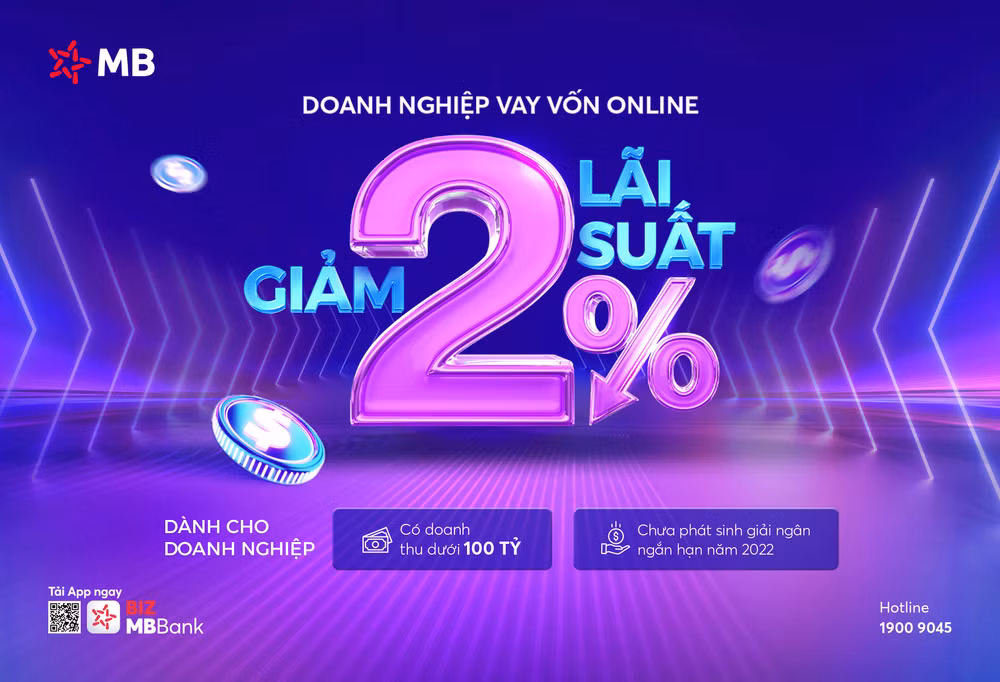 MB triển khai chính sách giảm đến 2% lãi suất dành cho doanh nghiệp thực hiện vay vốn online trên nền tảng BIZ MBBank MB triển khai chính sách giảm đến 2% lãi suất dành cho doanh nghiệp thực hiện vay vốn online trên nền tảng BIZ MBBank