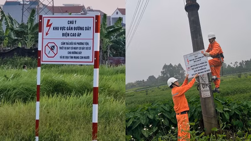 EVNHANOI lắp đặt hệ thống biển cảnh báo bảo vệ hành lang an toàn lưới điện. 