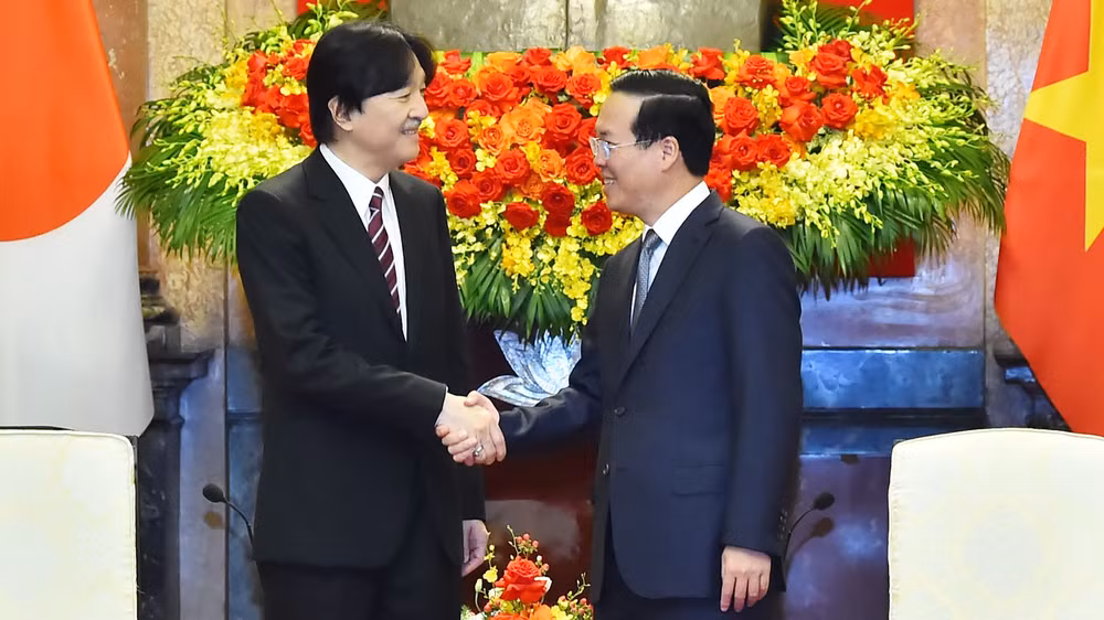 Chủ tịch nước Võ Văn Thưởng tiếp đón Hoàng Thái tử Nhật Bản Akishino. (Ảnh: THỦY NGUYÊN)