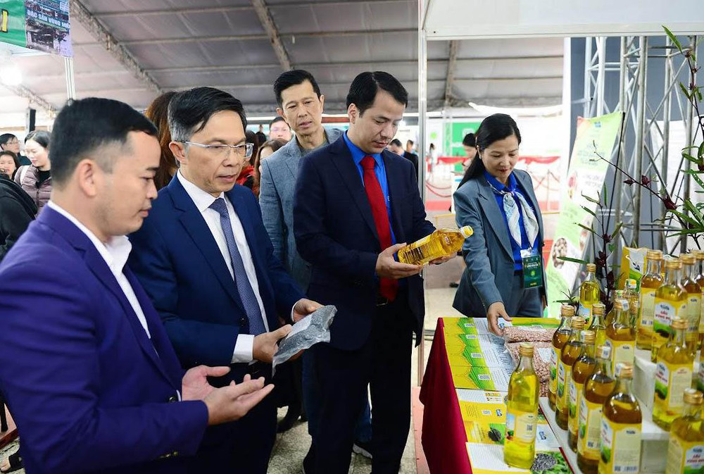 Đại biểu tham quan các gian hàng tham gia Hội chợ thương mại Festival hoa Đà Lạt và nông sản thanh niên toàn quốc.