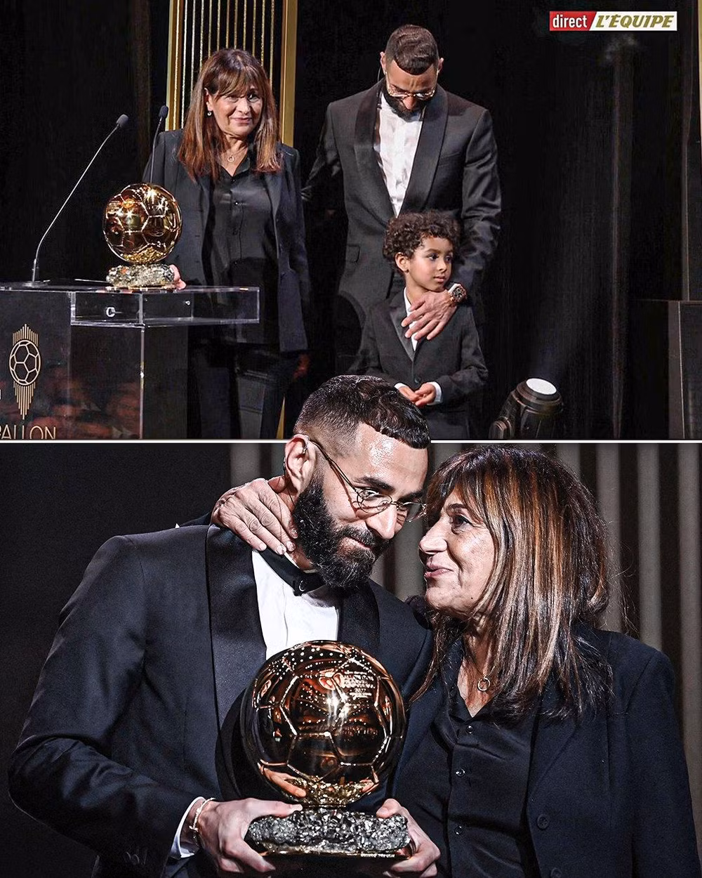 Karim Benzema nhận giải thưởng danh giá cùng mẹ và con trai. (Ảnh: ESPN)