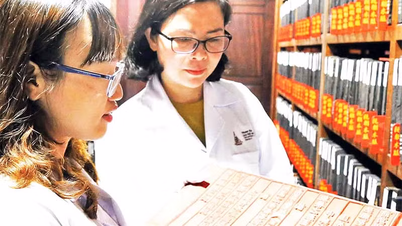 Các chuyên gia nghiên cứu mộc bản tại Trung tâm Lưu trữ quốc gia IV.