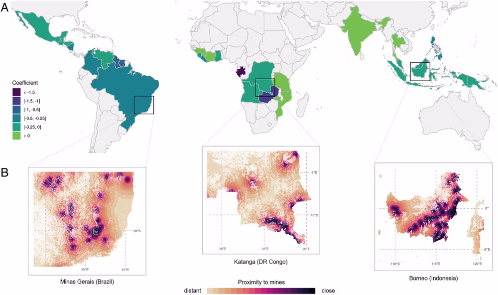 Mô tả trực quan về nạn phá rừng gián tiếp do khai thác công nghiệp trên 26 quốc gia. Kết quả cho thấy càng gần địa điểm khai thác, tỷ lệ phá rừng do khai thác mỏ càng cao. Nguồn PNAS.