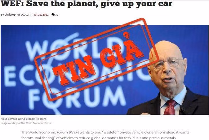 Ảnh chụp màn hình một bài báo thông tin rằng Diễn đàn Kinh tế Thế giới kêu gọi chấm dứt sở hữu ô-tô cá nhân.