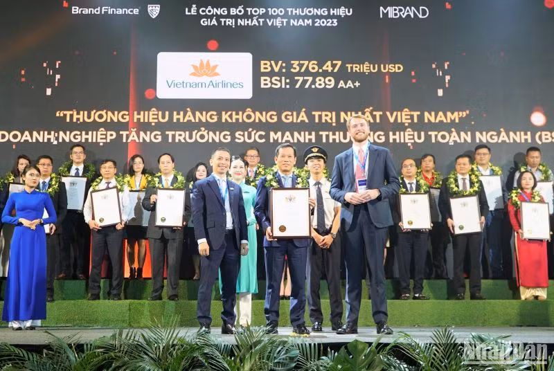 Ông Đặng Anh Tuấn, Phó Tổng giám đốc Vietnam Airlines nhận “Thương hiệu hàng không giá trị nhất Việt Nam” và “Tốp 5 doanh nghiệp tăng trưởng sức mạnh thương hiệu toàn ngành (BSI)”. 