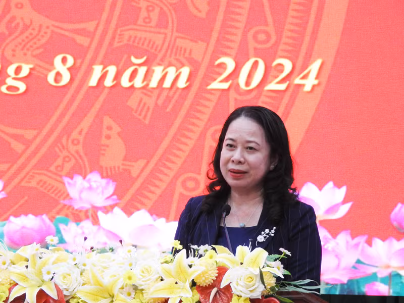 Phó Chủ tịch nước Võ Thị Ánh Xuân phát biểu tại buổi thăm cán bộ, chiến sĩ Công an tỉnh Ninh Thuận. (Ảnh: NGUYỄN TRUNG)