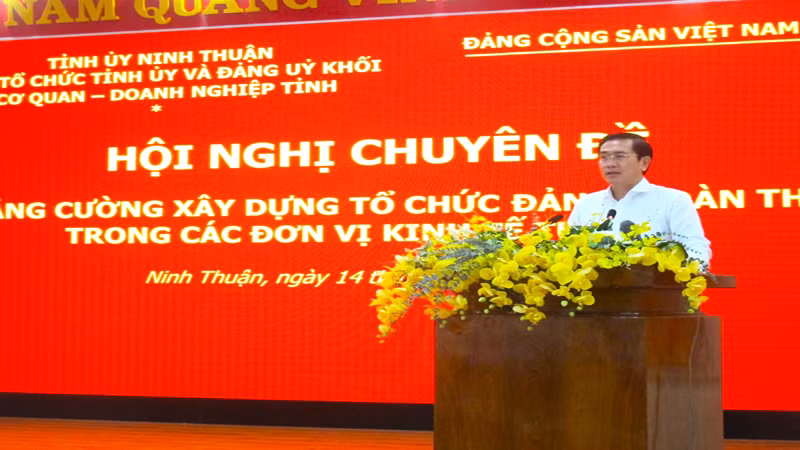 Đồng chí Phạm Văn Hậu, Phó Bí thư Thường trực Tỉnh ủy, Chủ tịch Hội đồng nhân dân tỉnh Ninh Thuận, Trưởng Ban Chỉ đạo tỉnh về xây dựng tổ chức Đảng, đoàn thể phát biểu tại hội nghị.