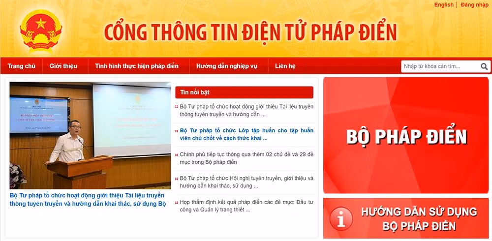 Giao diện Cổng thông tin điện tử pháp điển.