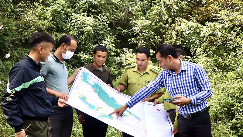 Kiểm tra, xác minh diện tích để chi trả tiền dịch vụ môi trường rừng cho các chủ rừng trên địa bàn tỉnh Ðiện Biên. (Ảnh Lê Huyền) 