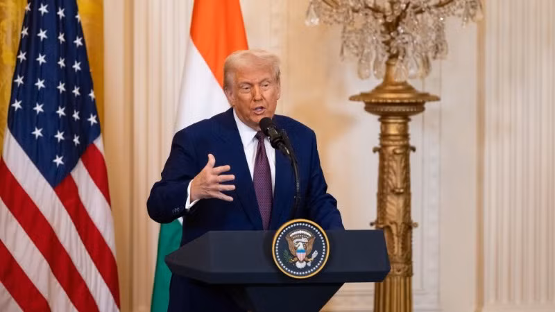 Tổng thống Mỹ Donald Trump dự họp báo tại Nhà Trắng ở Washington D.C. ngày 13/2/2025. (Ảnh: Tân Hoa xã)