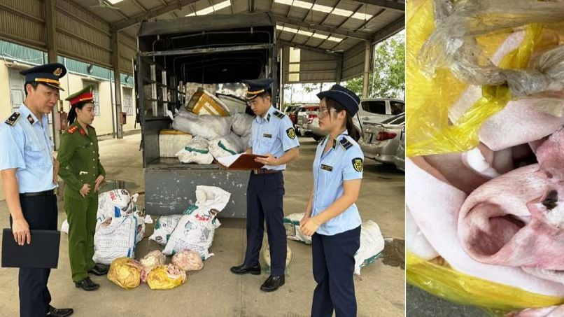 Công an cùng quản lý thị trường kê biên số lượng bì lợn không rõ nguồn gốc.