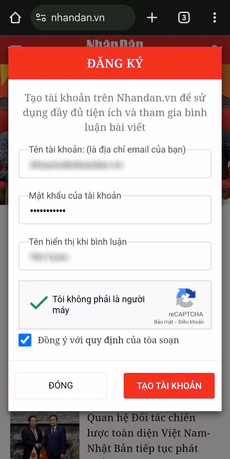 Box đăng ký tài khoản trên Báo Nhân Dân