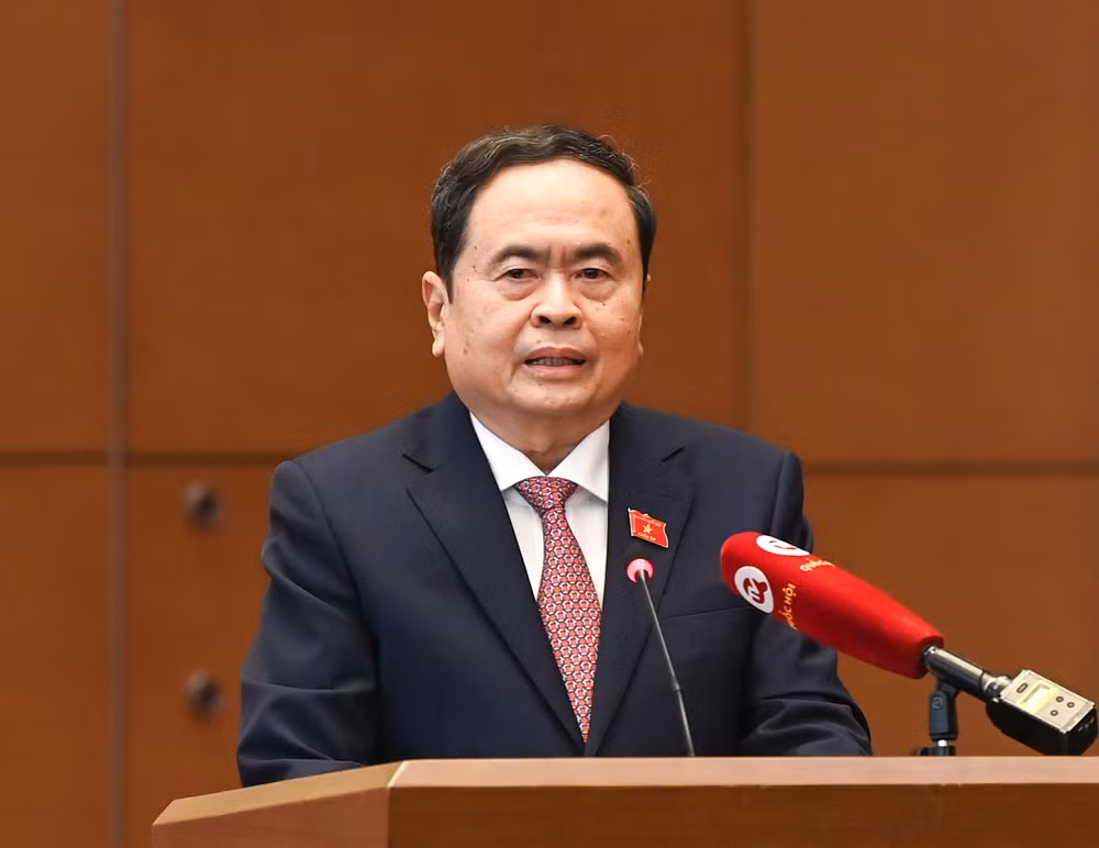 Chủ tịch Quốc hội Trần Thanh Mẫn phát biểu tại buổi gặp mặt. (Ảnh: DUY LINH)