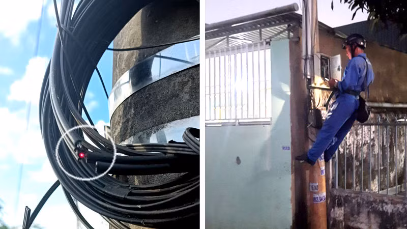 Sợi cáp quang được cho bị phá hoại có chủ ý và nhân viên kỹ thuật VNPT Bảo Lộc kiểm tra, khắc phục sự cố.