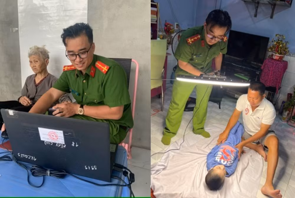 Đại úy Đặng Hồng Nhất hỗ trợ người dân làm thủ tục cấp Căn cước công dân.