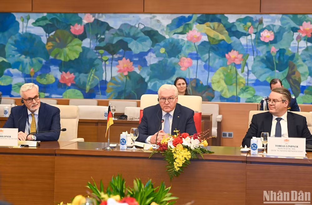 Tổng thống Cộng hòa Liên bang Đức Frank - Walter Steinmeier phát biểu tại buổi hội kiến. (Ảnh: DUY LINH)